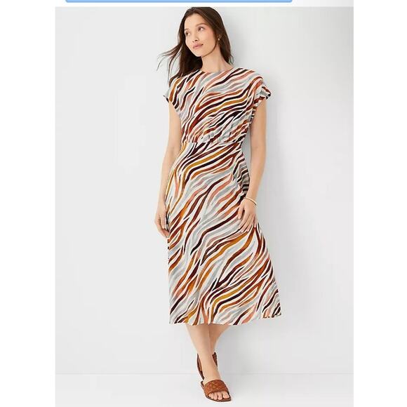 Ann Taylor Linen Blend Midi Zebra Stripe Mock Neck Flare Dress Size 0 - Picture 1 of 14